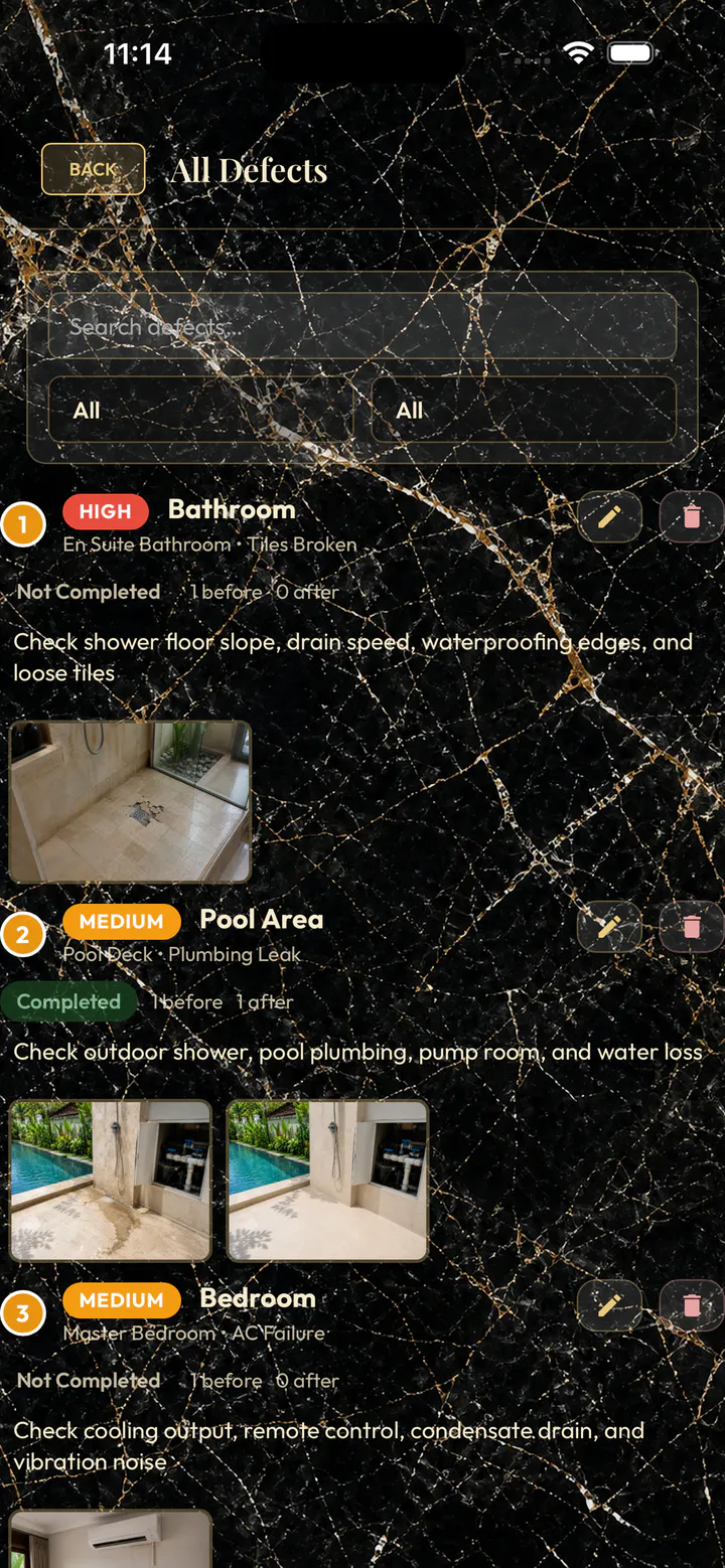 All villa defects organised by room and status